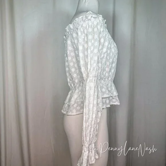 Shein Off Shoulder Floral Ruffle Hem Peplum Crop Top Blouse White - Picture 5 of 10